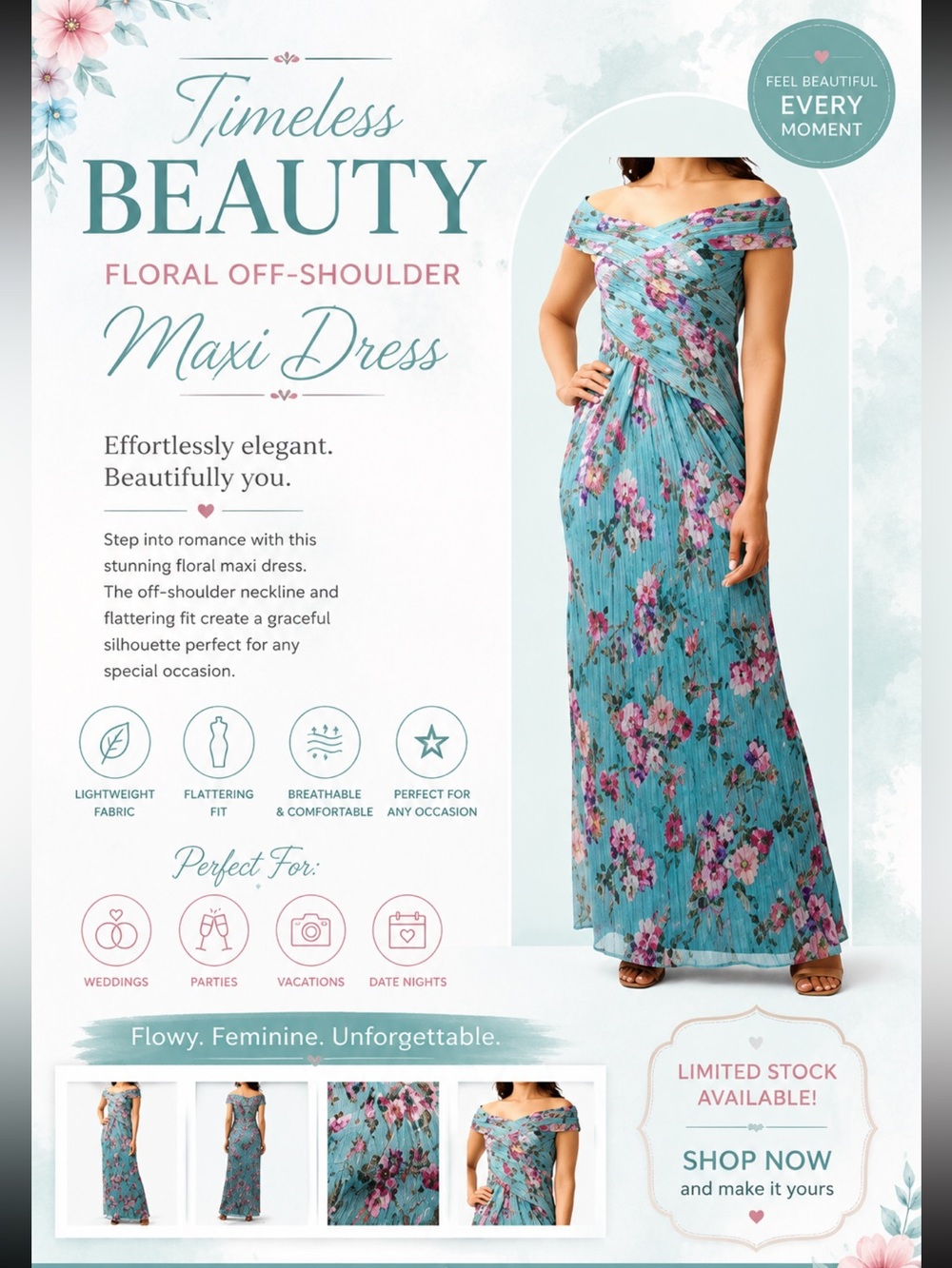 Beautiful blooms highlight Adrianna Papell's off-the-shoulder gown